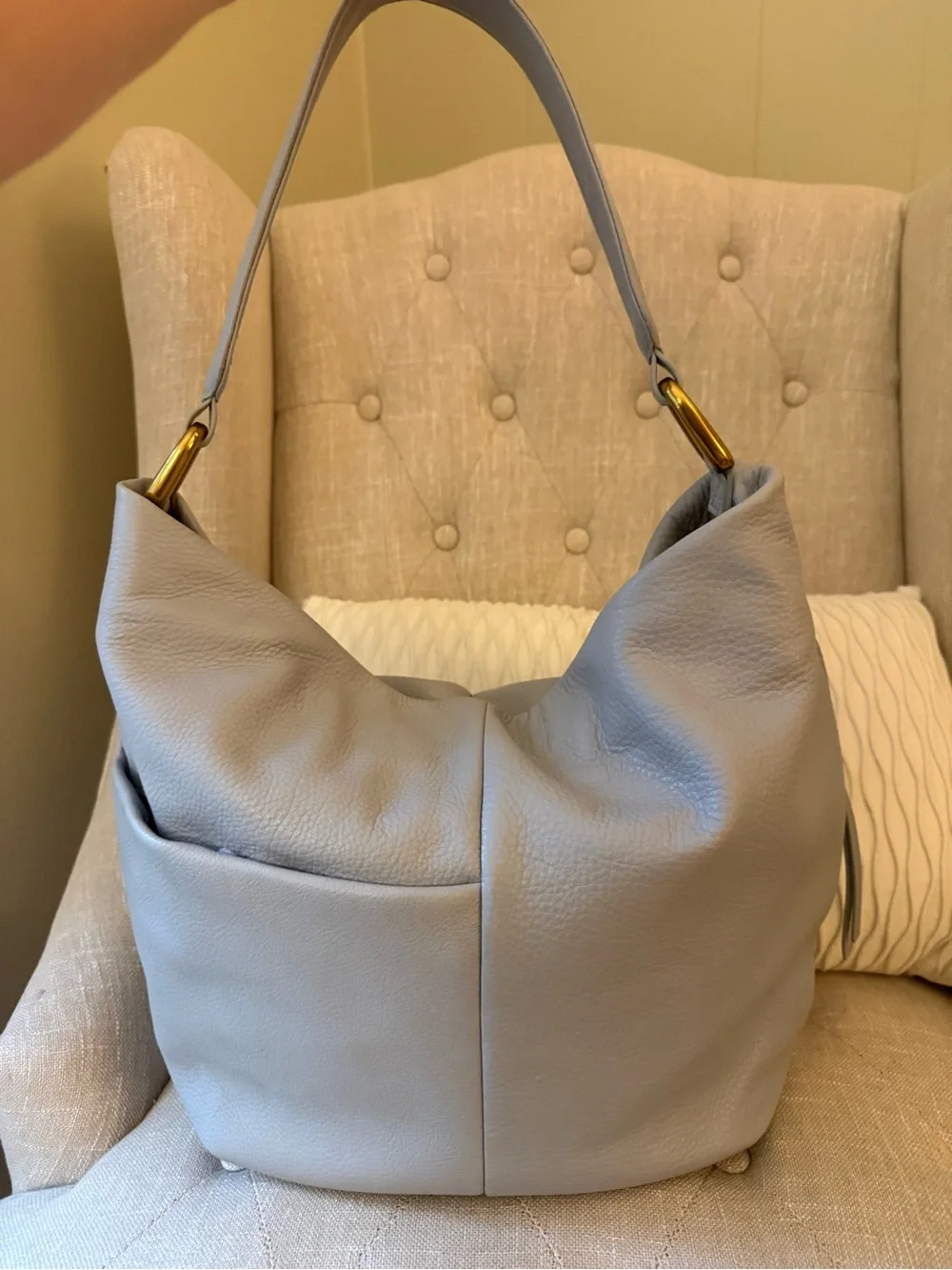 HOBO Light Gray Leather Hobo with Gold Hardware